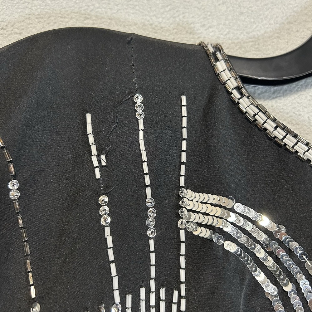 A.J. BARI Vintage Silk Beaded‎ Black Silver Long Sleeve Dress Coquette Size 14 - Picture 5 of 8